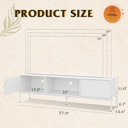 WLIVE 58" TV Stand for 65 Inch TVs, Mid Century Modern Entertainment Center with 2 Storage Cabinets & Open Shelf, Media Console Table with Metal Legs for Living Room, Bedroom, White - color: White