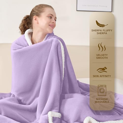 BEAUTEX Sherpa Fleece Throw Blankets Soft Fluffy Flannel Plush Cozy | Fuzzy Light Purple Cuddle Blanket for Couch, Bed, Sofa, Adults (50" x 60", Light Purple) - color: Lavender, size: Throw-50"x60"