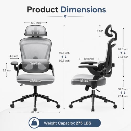 Ergonomic Office Chair, Home Office Desk Chairs with Adjustable Lumbar Support and Headrest, High Back Mesh Computer Desk Chair with 3D Flip-up Armrests & 360° Swivel Wheels, 275 LBS - color: Grey With Lumbar Support