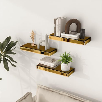 SHYFOY Glass Floating Shelves for Wall, Set of 3, Brass | Display Wall Shelves with Invisible Brackets for Bathroom, Living Room, Bedroom and Kitchen - color: Brass-3pack