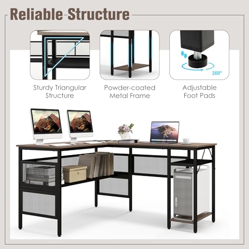 COSTWAY L Shaped Desk with Charging Station, 55” Reversible Corner Computer Desk with Mesh Storage Shelves, CPU Stand, 2 Person Gaming Desk Computer Workstation for Home Office | with Mesh Storage Shelves, CPU Stand, 2 Person Gaming Desk Computer Workstat