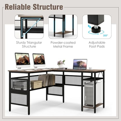 COSTWAY L Shaped Desk with Charging Station, 55” Reversible Corner Computer Desk with Mesh Storage Shelves, CPU Stand, 2 Person Gaming Desk Computer Workstation for Home Office | with Mesh Storage Shelves, CPU Stand, 2 Person Gaming Desk Computer Workstat