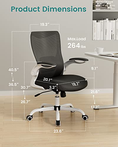 Office Chair, Ergonomic Desk Chair with Adjustable Lumbar Support and Flip up Armrest, Breathable Mesh Computer Chair for Home Office, White - color: White