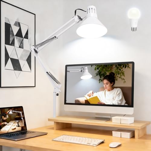 White Desk Lamp with Clamp, Extra-Tall Adjustable Metal Swing Arm, 5000K | Manicurist Table Lamp for Nail Work, Drafting, Sewing, Crafting, College Dorm and Home Office, A19 Bulb Included - color: White, size: 5000K Natural Daylight-Extra Long Swing Arm