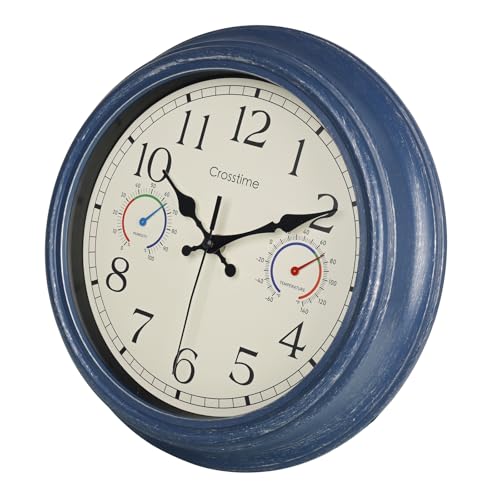 Crosstime 12 Inch Outdoor Clock Waterproof with Thermometer & Hygrometer – Silent Retro Wall Clock for Patio, Pool, Porch, Backyard, Bathroom – Blue - color: 12" Blue