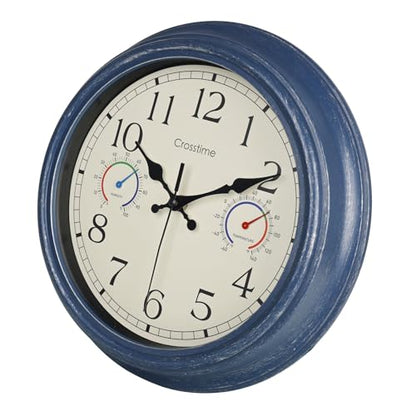 Crosstime 12 Inch Outdoor Clock Waterproof with Thermometer & Hygrometer – Silent Retro Wall Clock for Patio, Pool, Porch, Backyard, Bathroom – Blue - color: 12" Blue