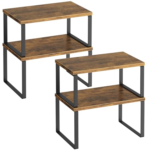 Kitchen Cabinet Organizer Shelf Set of 4, Sturdy Kitchen Counter Shelves with Metal Legs, Stackable Expandable Wood Spice Rack Pantry Cupboard Dish Mug Cup Storage Organizer Shelf, Rustic Brown - color: Rustic Brown