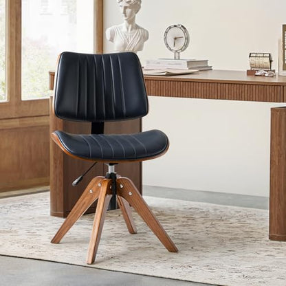 HULALA HOME Faux Leather Home Office Desk Chair No Wheels, Navy | Mid-Century Modern Desk Chair with Wood Legs, 360° Swivel Computer Task Chair with Channel-Tufted Backrest, Height Adjustable - color: Navy