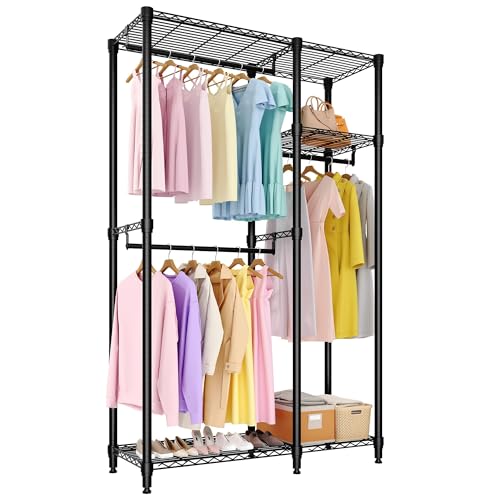 Freestanding Heavy Duty Garment Rack, Large, Black | Adjustable Shelves and Hanging Rods, 700 Lbs Capacity, Portable Closet Organizer, For Bedroom or Cloakroom Storage - size: 41.6"D x 15.5"W x 76.5"H