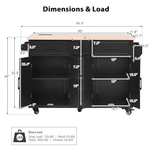 56.5'' Kitchen Island with Drop Leaf, Power Outlet, Embossed Vertical Stripe Rolling Kitchen Cart on Wheels with Deep Drawers and Adjustable Shelves (Black/D) - color: Black/D)
