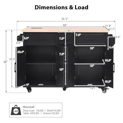 56.5'' Kitchen Island with Drop Leaf, Power Outlet, Embossed Vertical Stripe Rolling Kitchen Cart on Wheels with Deep Drawers and Adjustable Shelves (Black/D) - color: Black/D)