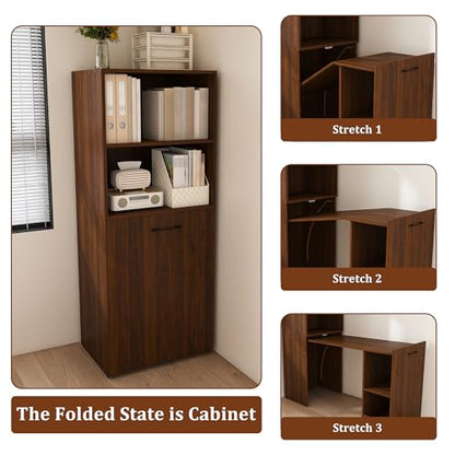 Foldable Office Desk, Fold Out Convertible Hidden Murphy Computer Desk with Storage Shelves, Multi-Function Folding Writing Table for for Small Spaces, Home Office (Walnut) - color: Walnut-a