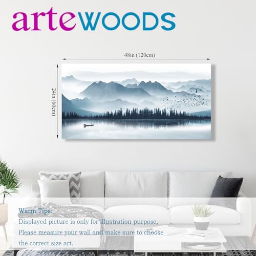 arteWOODS Indigo Canvas Wall Art Misty Mountain Wall Pictures Foggy Lake Boat Painting Prints Forest Birds Artwork Wall Decor for Living Room Wall Decorations Framed Ready to Hang 24" x 48" - color: Indigo Mountain Lake, size: 48"L x 24"W