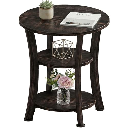 Round End Table 3 Tier Side Table, Small Space Nightstand | 19.7 inch Circle Coffee Accent Table, Outdoor Side Tables for Bedroom, Couch, Patio, Garden, Vintage Rustic (Oak Dark) - color: Oak Dark