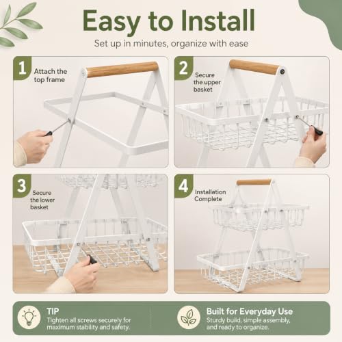 mahueeol 2-Tier Countertop Fruit Basket with Wooden Handle, Detachable | Detachable metal baskets with wooden handle for fruits, vegetables, bread and snacks in kitchens, pantries or dining rooms - color: White
