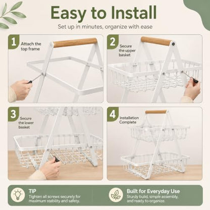 mahueeol 2-Tier Countertop Fruit Basket with Wooden Handle, Detachable | Detachable metal baskets with wooden handle for fruits, vegetables, bread and snacks in kitchens, pantries or dining rooms - color: White
