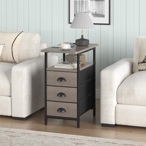 sthmec End Table with Charging Station, Side Tables Livingroom with USB Ports and Outlets,Narrow Nightstands Bedside Tables with 3 Drawers for Small Space,Slim Sofa Table Bedroom,Grey - color: Grey, size: 11.75'' W*21'' D* 24.3'' H, style: Power
