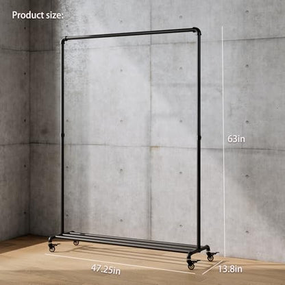 Industrial Pipe Clothing Rack with Wheels,Rolling Garment Rack with Bottom Shelf, Sturdy Metal Clothes Rack for Hanging Clothes Heavy Duty,Black Mobile Wardrobe Rack for Bedroom & Boutique