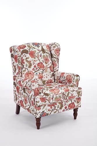 GDFStudio Modern Wingback Accent Chair with Solid Wood Legs and Cushion, Comfy Upholstered Floral Pattern Armchair, Retro Leisure Single Sofa Chair for Living Room Bedroom Home, Bean Paste Red - color: Bean Paste Red