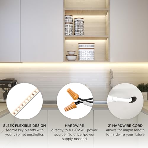 Maxxima 48 in. Hardwired LED Under Cabinet Strip Light, 1840 Lumens, 3000K | Warm White, Kitchen and Living Room 120V White Cove Lighting, No Power Supply Needed - size: 48 Inch