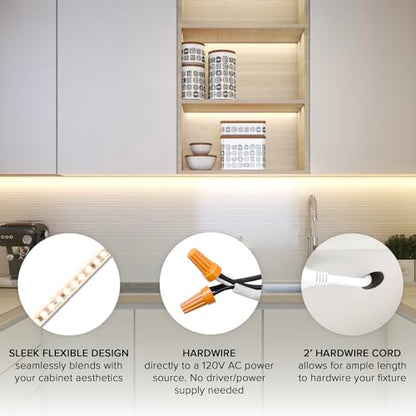 Maxxima 48 in. Hardwired LED Under Cabinet Strip Light, 1840 Lumens, 3000K | Warm White, Kitchen and Living Room 120V White Cove Lighting, No Power Supply Needed - size: 48 Inch