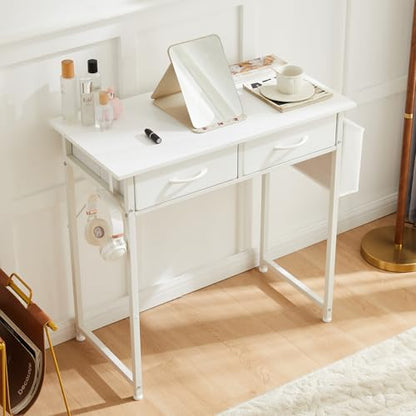 DUMOS 32" Home Office Computer Desk with Drawers, Small Gaming Writing Study Table with Storage Side Bag, Headphone Hook and Adjustable Feet for Bedroom White | Small Writing Desk for Home Office with Headphone Hook, Compact Study Table for Bedroom - colo
