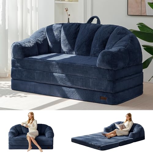 MAXYOYO Folding Sofa Bed, 2 in 1 Convertible Sofa to Lounger | Comfy Loveseat Bean Bag Chair for Adults, Floor Couch with Handle, Faux Fur Couch Bed for Living Room Bedroom, Navy - color: Navy, size: Loveseat