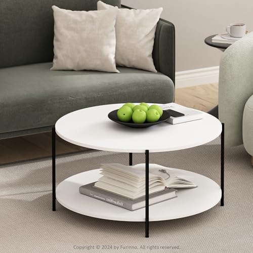 Furinno BESI 2-Tier Round Modern Coffee Table with Metal Legs, Side Table with Open Shelf, for Living Room, Bedroom, Home Office, White - color: White/Black, size: Metal Frame Coffee Table