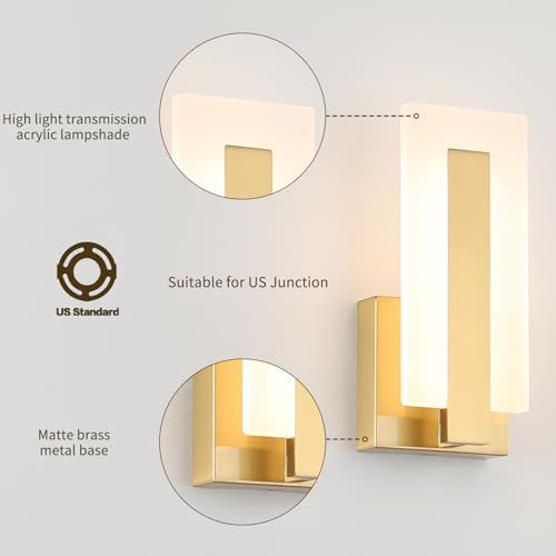 Joosenhouse Modern LED Wall Sconce Set of 2, Brass Warm White Light Wall Sconce 3000K, Hardwired Up and Down Wall Mount Light for Hallway, Bedroom, Study, Living Room Indoor Wall Light - color: Brass-Non Dimmable