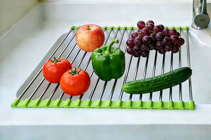 Roll Up Dish Drying Rack, Stainless Steel and Silicone Dish Drying Mat Over The Sink Foldable Drain Rack Multipurpose Dish Drainer for Kitchen, 14.5” x 14”, Green - color: Green