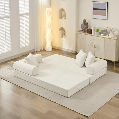 Convertible Folding Sofa Bed Modular Floor Couch, 78.8‘’ Cloud Sleeper Sofa with Removable Backrest, Chenille Foldable Mattress Couch, Lazy Loveseat for Small Space, Apartment, Bedroom, Beige - color: #3-beige