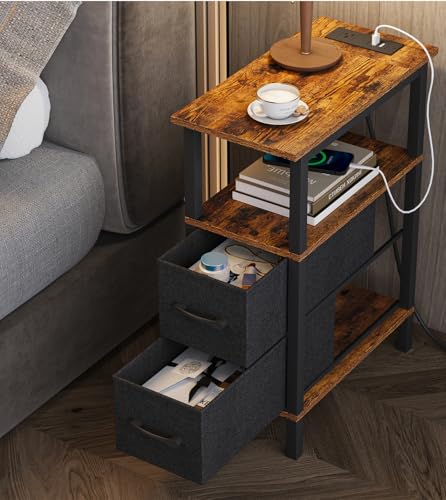 2 Set Narrow Side Table for Small Spaces, Skinny End Table with Charging Station, Sofa Beside Table with 2 Drawers 1 Open Compartment, Slim Nightstand with USB Ports Outlet, Rustic and Brown UTBT004F2 - color: Rustic Brown