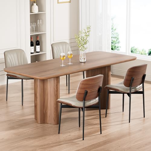 Dining Chairs Set of 2, Mid-Century Modern Upholstered PU Leather Chairs | with Walnut Bentwood Back and Metal Legs Adjustable Feet for Kitchen Dining Room, Greige Shell Strips - color: Greige Shell Strips