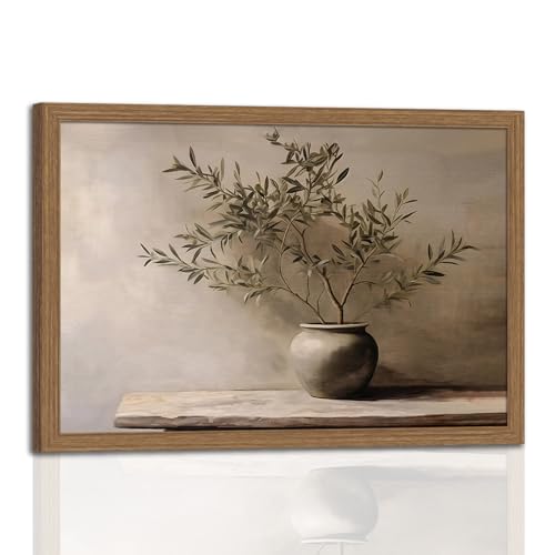Framed for Living Room Rustic Olive Branch Still Life Wall Art Minimalist Botanical Plant Vase Painting, Rustic Farmhouse Neutral Still Life Print Picture for Living Room Bedroom Office 12x16in - color: Olive Branch, size: 12x16 Inches