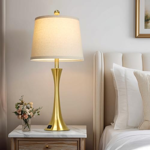 Rinweey 27.5" Gold Lamps for Living Room, Touch Control 3-Way Dimmable Bedside Nightstand Lamps Bedroom Lamp,Modern Gold Table Lamp with USB A+C Ports,Tall Lamps for Living Room End Table（1Pack） - color: Gold (1 Pack)