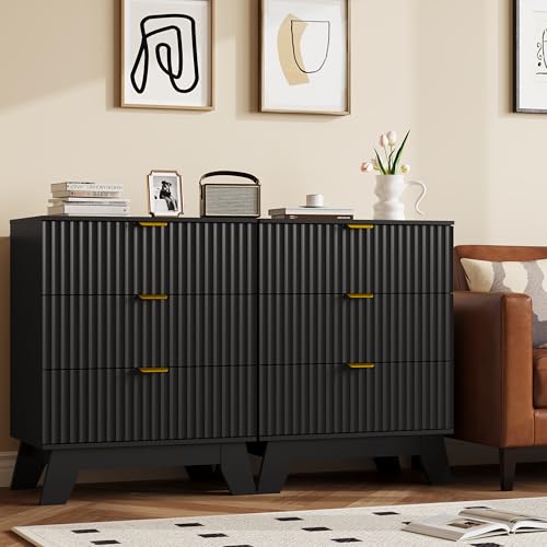 Fluted Nightstand with 3 Large Drawers, Wooden Side End Table with Elevated Legs for Easy Cleaning, Sturdy Modern Beside Table for Small Space, Bedroom, Black, 24" L - color: Black