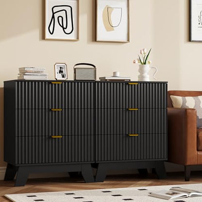 Fluted Nightstand with 3 Large Drawers, Wooden Side End Table with Elevated Legs for Easy Cleaning, Sturdy Modern Beside Table for Small Space, Bedroom, Black, 24" L - color: Black
