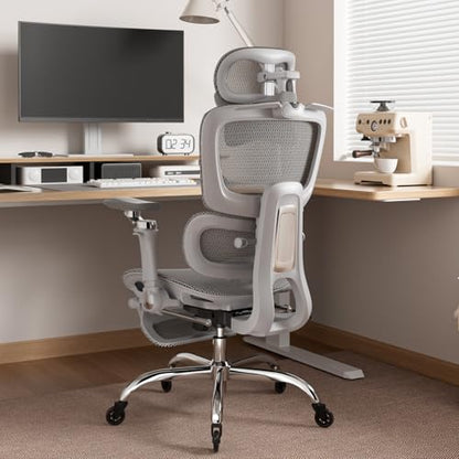 Office Chair with Footrest, Ergonomic Chair with 3D Headrest, Computer Chair with Adjustable Backrest & 6D Armrest, Gaming Chair with Adaptive Lumbar Support, Adjustable Seat Depth, Grey - color: Grey, style: Plus