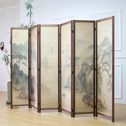 6 Panel Bamboo Room Divider, 5.6 ft Tall Double-Sided Folding Privacy Screen, Premium Thickened Wood Frame with Mountains and Waters Landscape for Home & Office (67" H x 94.5" W) - color: Mountains and Waters, size: 6 Panel