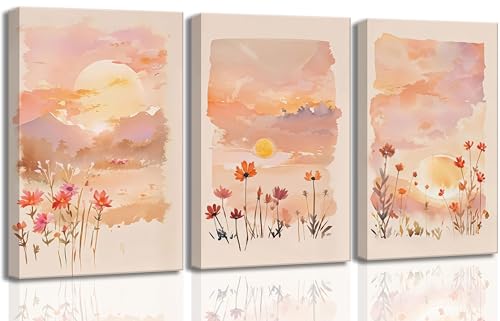 3 Pcs Sunrise Canvas Wall Art for Living Room Bedroom Home Decoration | Blush Pink Wildflowers Floral and Orange Sunset Watercolor Landscape Pictures Wall Decor Poster Print Artwork - color: Sunrise-Canvas, size: 16L" x 12W"