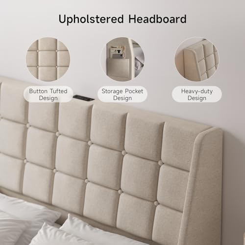 Ergonomic Upholstered Headboard Queen Size w/Charging Station, Linen Wingback Headboards w/Storage Pocket, Queen Headboard Only, Bed Frame Adapters, Sturdy Stable Solid Wood Bed Head Board, Beige - color: White Beige, size: Queen