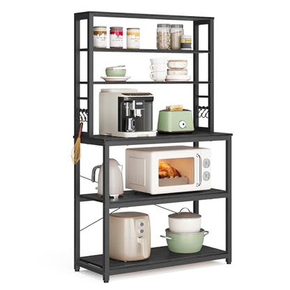 VASAGLE Coffee Bar, 31.5 Inches 6-Tier Baker's Rack with 6 Hooks | Modern Basic Microwave Stand, 31.5 x 15.8 x 65.8 Inches, Charcoal Gray and Ink Black, BARNET Collection UKKS019B22 - color: Charcoal Gray + Ink Black, size: 31.5"W, style: No Power Outlet