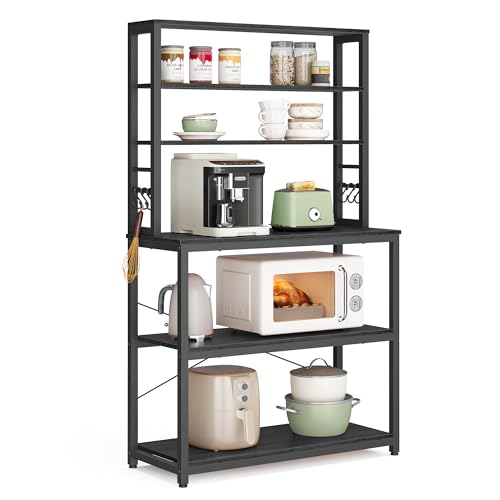 VASAGLE Coffee Bar, 31.5 Inches 6-Tier Baker's Rack with 6 Hooks | Modern Basic Microwave Stand, 31.5 x 15.8 x 65.8 Inches, Charcoal Gray and Ink Black, BARNET Collection UKKS019B22 - color: Charcoal Gray + Ink Black, size: 31.5"W, style: No Power Outlet