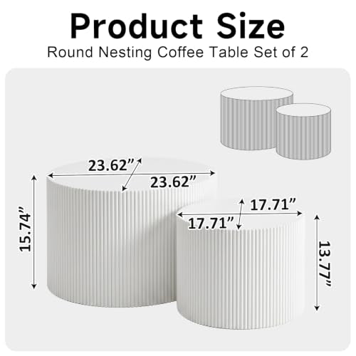 Nesting Round Coffee Table Set of 2 White No Assembly | Nesting Drum Tables, Modern End Table with Vertical Fluted Design Coffee Tables for Living Room, Office, Bedroom - color: White
