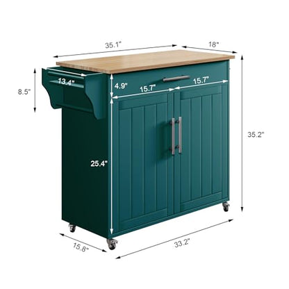 Kitchen Storage Island, Wooden Rolling Island On Wheels with Wood Top, Mobile Kitchen Island Cart with Towel Rack, Spice Rack and Drawers, Green - color: Green