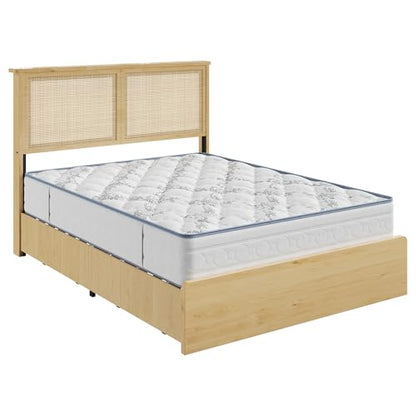 Garvee Full Rattan Bed 4 Drawers Bohemian Headboard for Bedroom | Bohemian full rattan bed with natural headboard, 4 drawers, LED lights,No box spring needed for bedroom use. - size: Full(4 Drawers)