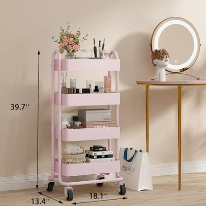 4 Tier Metal Rolling Cart Pink Utility Cart with Wheels,Rolling Pink Cart for Office,Home,Kitchen,Garden（13.4"x18.1"x40"） - color: Pink, size: 40"H