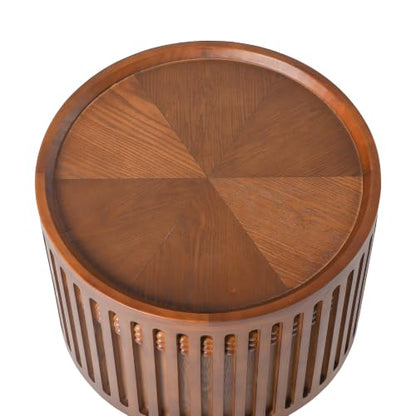18.9" Round Side Table with Hidden Storage, Wooden End Table | Mid-Century Modern Small Coffee Table with Grille Solid Wood Effect, Boho Table for Living Room,Bedroom,Walnut - color: A-18.9" Round Side Table