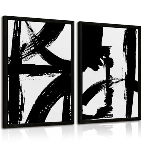 Black and White Wall Art Abstract Modern Painting Minimalist Line Canvas Wall Art Decor Black And White Poster Abstract Artwork Prints for Living Room Bedroom 12x16 Inch Wood Framed Set of 2 - color: Black Lines Prints, size: 12x16 Inch Framed