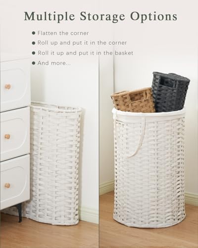 SETVSON Laundry Basket with Lid Round PE Rattan Laundry Hamper, White | 110L Large Woven Basket with Lid, Removable Washable Liner Bag, 2 Mesh Laundry Bags, Foldable Long Side Handles Versatile - color: White, size: 110 L